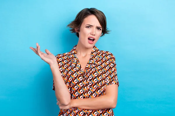 Photo Unsatisfied Complaining Girl Speak Questioned Face Isolated Blue Color — Stock Photo, Image