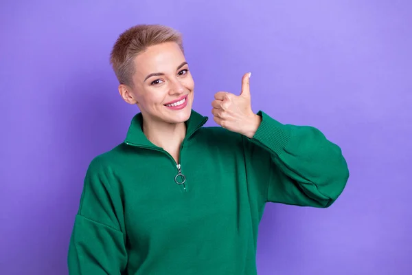 Photo Stylish Wearing Green Sweater Zipper Sportswear Lady Blonde Hair — Stock Photo, Image