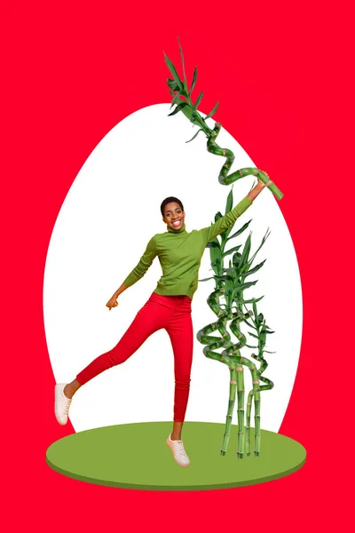 Vertical Collage Image Positive Excited Person Arm Hold Green Plant — Foto de Stock