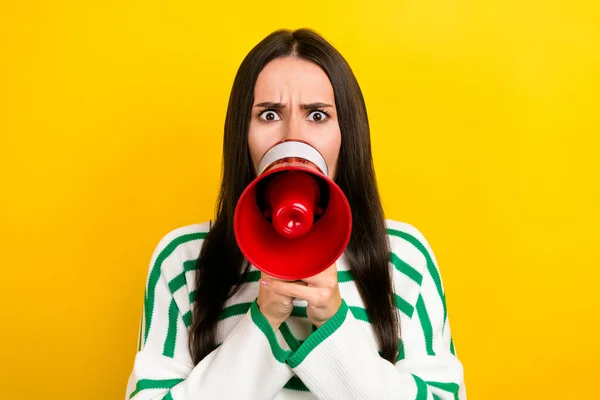 Photo Serious Angry Woman Wear Striped Sweater Screaming You Bullhorn — Stock fotografie