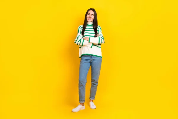 Full Length Photo Adorable Dreamy Woman Wear Striped Sweater Looking — Stockfoto
