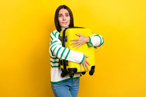 Photo Doubtful Unsure Woman Wear Striped Sweater Hugging Luggage Cancelled —  Fotos de Stock