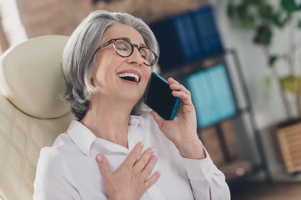 Portrait Excited Overjoyed Aged Person Sit Chair Chatting Telephone Hand — Photo
