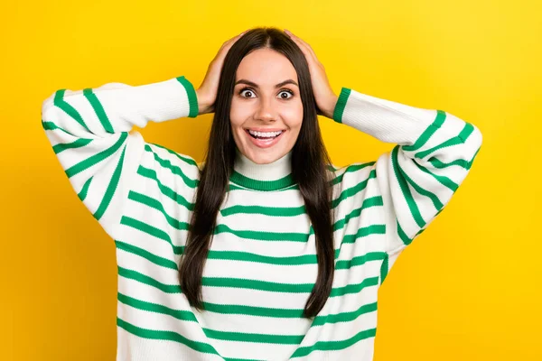 Photo Adorable Excited Woman Wear Striped Sweater Smiling Arms Head — Foto de Stock