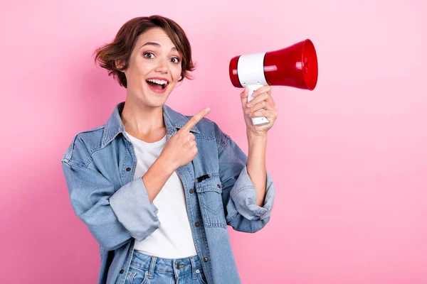 Photo Young Excited Activist Positive Hipster Girl Pointing Finger Loudspeaker — Stockfoto