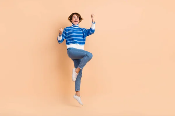 Full Body Photo Delighted Pretty Lady Raise Fists Jumping Achievement — Stock Photo, Image