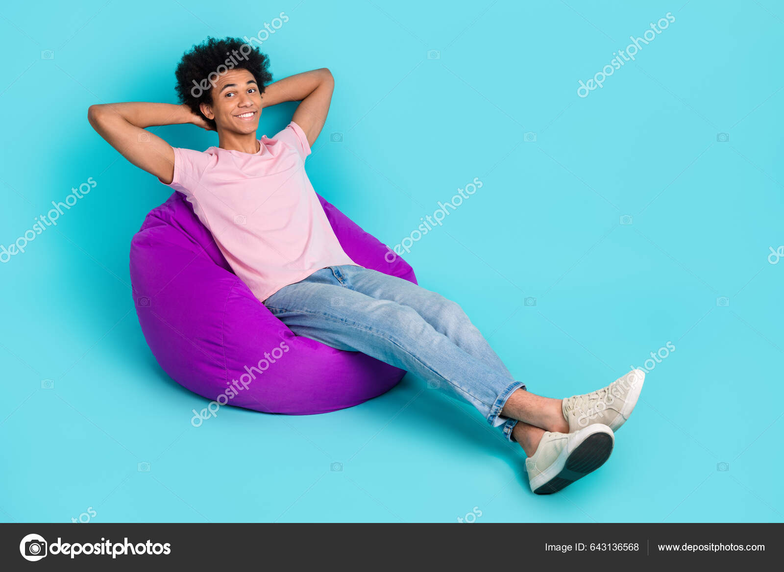 Full Body Size Photo Chilling Purple Bean Bag Comfortable Rest Stock Photo deagreez1 643136568
