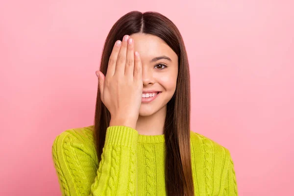 Photo Portrait Lovely Teen Lady Hand Cover Face Eyesight Checking — Foto Stock