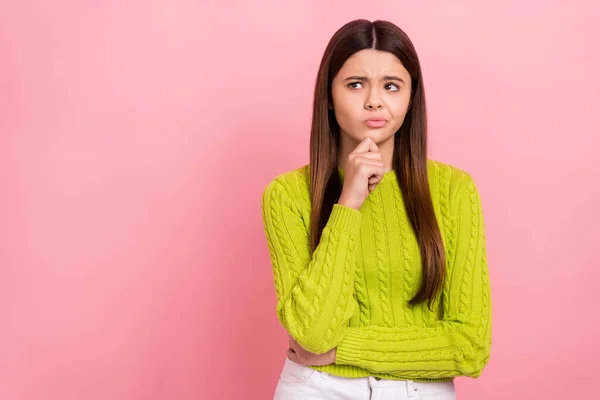 Photo Portrait Lovely Teen Lady Frowning Unsure Look Empty Space — Stockfoto
