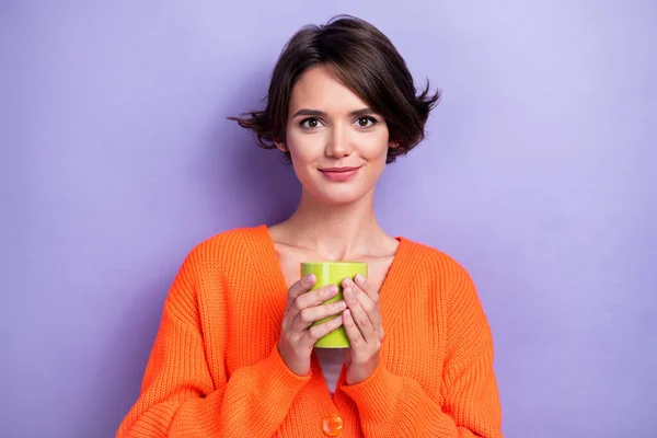 Photo Adorable Pretty Lovely Lady Wear Orange Trendy Hold Delicious — Stock Photo, Image