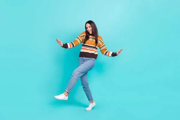 Full Length Photo Funky Cheerful Woman Wear Striped Sweater Smiling — Fotografia de Stock