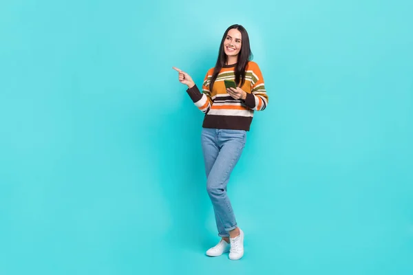 Full Length Photo Shiny Dreamy Woman Wear Striped Sweater Texting — Stockfoto
