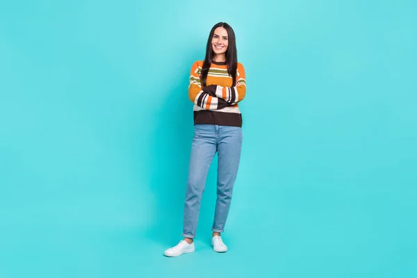 Full Length Photo Pretty Confident Woman Wear Striped Sweater Smiling — Stok fotoğraf