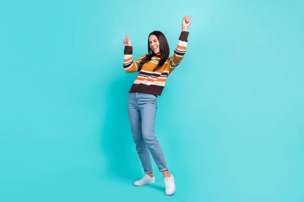 Full Length Photo Cheerful Excited Woman Wear Striped Sweater Having — Foto de Stock