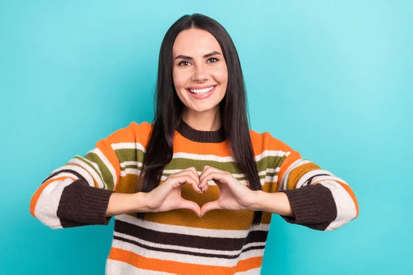 Photo Shiny Cheerful Woman Wear Striped Sweater Showing Arms Heart — Stock Fotó