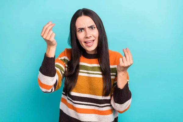 Photo Impressed Angry Woman Wear Striped Sweater Rising Arms Asking — Foto Stock