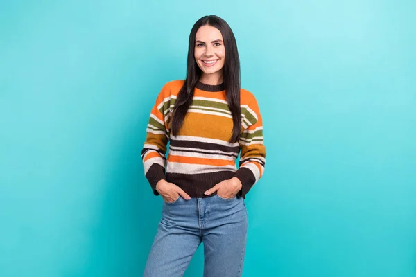 Photo Positive Attractive Good Mood Lady Wear Striped Sweater Hands — Stock Fotó