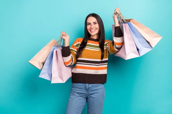 Photo Cheerful Excited Woman Wear Striped Sweater Smiling Rising Shoppers — Stok fotoğraf
