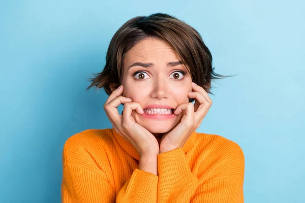 Portrait Terrified Impressed Lady Arms Touch Face Grinning Teeth Isolated — Stockfoto