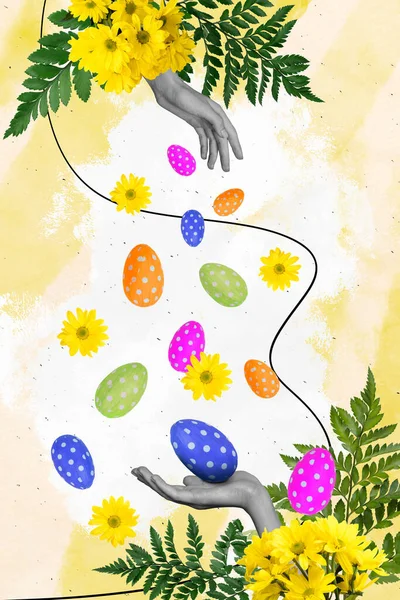 Kolaj Grafikleri Arkaplanda Izole Edilmiş Paskalya Yumurtalarını Yakalayan Kolların Resmi — Stok fotoğraf