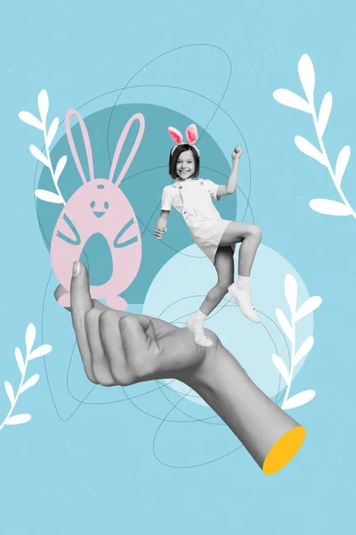 Collage 3d image of pinup pop retro sketch of lucky small kid winning easter game collecting eggs isolated painting background.