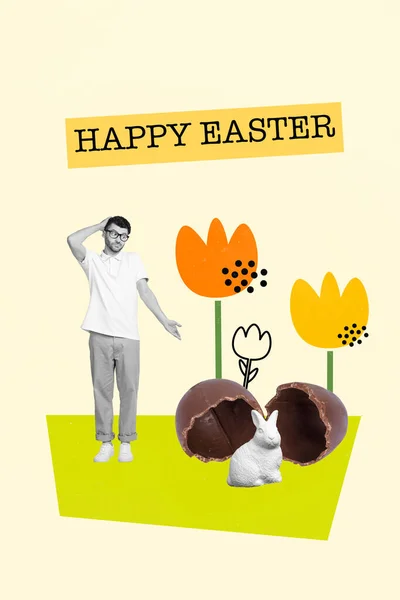 Creativo Saludo Postal Collage Cuestionado Joven Chico Recoger Pascua Huevos —  Fotos de Stock