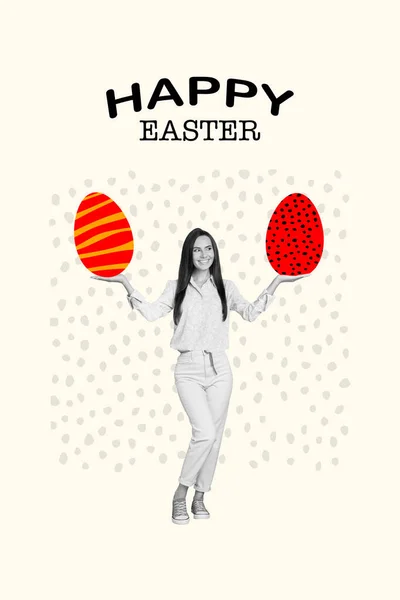 垂直图片邀请卡海报拼贴美丽的女士介绍大的装饰鸡蛋孤立在绘图背景 — 图库照片