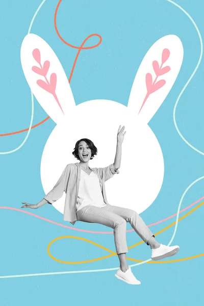 Paskalya Tavşanı Siluetinde Oturan Çekici Bayanın Boyutlu Pop Eskizinin Kolaj — Stok fotoğraf