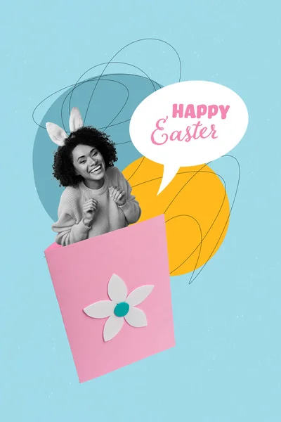 Photo Artwork Minimal Collage Picture Smiling Funny Lady Presenting Easter — Stock Photo, Image