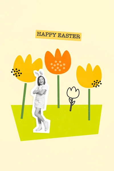 Creative Easter Postcard Collage Little Kid Girl Standing Floral Garden — Stock Photo, Image