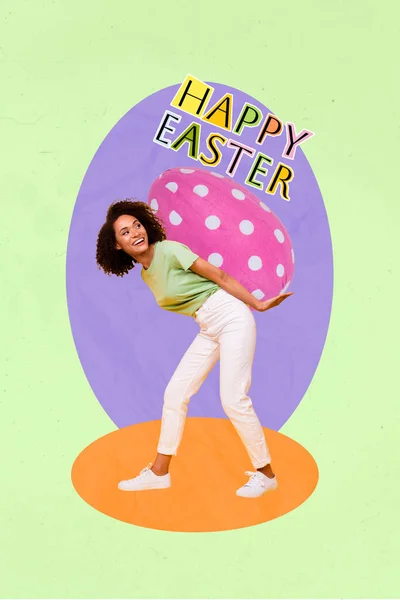 Excited lady look back carry on back huge pink dotted print colored Easter egg deliver delivery service conceptual collage.