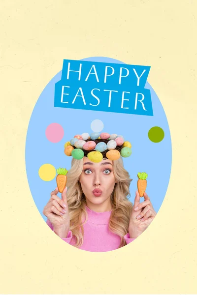 Funny Girlish Lady Wear Easter Decorated Wreath Head Hold Two — Stock Photo, Image