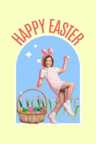 Zabawny Kostium Króliczka Mała Dziewczynka Wygrać Duży Koszyk Uczt Wielkanocnych — Zdjęcie stockowe