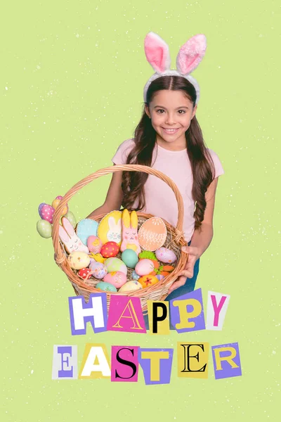 Výtvarné Konceptuální Velikonoční Téma Koláž Malé Krásné Dívky Držet Velký — Stock fotografie