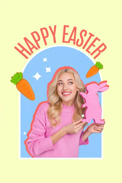 Niesamowite Reklama Słodkie Wielkanocne Pozdrowienia Pocztówka Dziewczyna Trzymać Różowy Królik — Zdjęcie stockowe