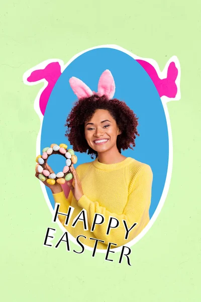 Collage Artwork Photo Young Woman Showing Her Masterpiece Easter Decorated — Stock Photo, Image