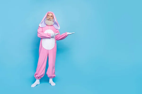 Full Length Photo Optimistic Senior Man Dressed Pink Rabbit Costume — Stock Photo, Image