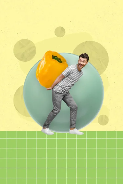 Vertical drawing creative collage picture photo poster of joyful man go hold carry big size yellow pepper isolated on painting background.