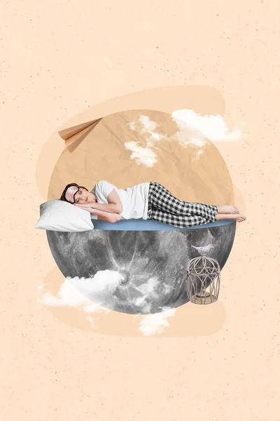 Kollázs Illusztráció Kép Poszter Szép Hölgy Élvezni Békés Álmok Kényelmes — Stock Fotó