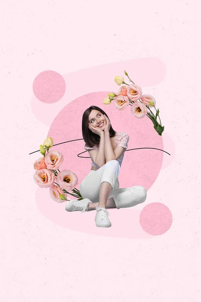 垂直粉红创意3D拼贴图片海报明信片杂志快乐可爱的女孩崇拜自然隔离在绘画背景 — 图库照片