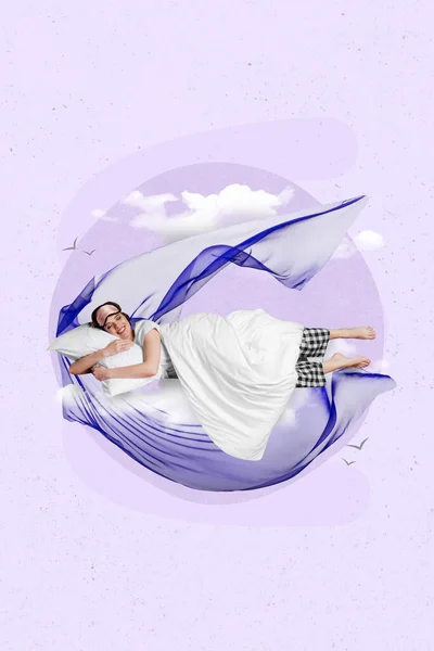 Colagem Foto Imagem Imagem Linda Senhora Feliz Deitado Travesseiro Macio — Fotografia de Stock
