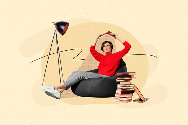 コラージュ写真イメージアートワークポスタースマート賢い女性のポストカード座り心地椅子読書日記描かれた背景に孤立 — ストック写真