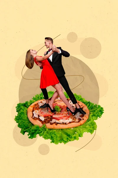 Kreativ Collage Foto Två Eleganta Människor Dans Reklam Ohälsosam Pizza — Stockfoto