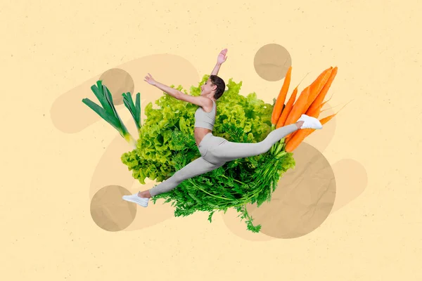 コラージュ創造的な写真ポスターバナー絵の背景に孤立健康食品のような美しいスリムスポーツ女性の作品 — ストック写真