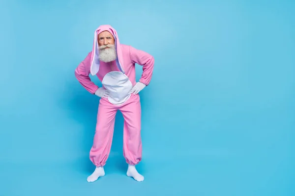 Full Size Photo Uncertain Unsure Elderly Pensioner Wear Pink Bunny — Stock Photo, Image
