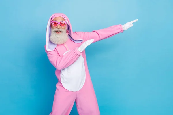 Portrait Funky Optimistic Elderly Pensioner Wear Pink Bunny Costume Indicating — Stock Photo, Image
