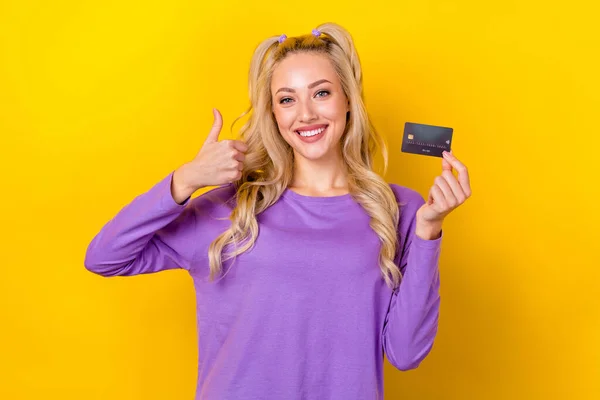 Photo Portrait Pretty Young Girl Thumb Hold Credit Card Ebanking — Stock Photo, Image