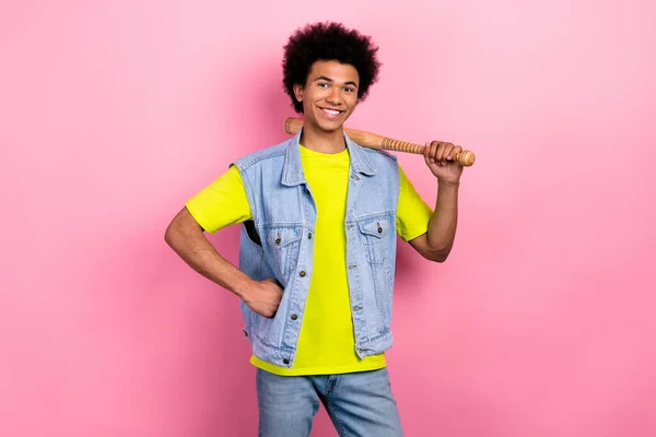 Portrait Positive Cheerful Person Toothy Smile Hand Hold Baseball Bat — Stock Photo, Image