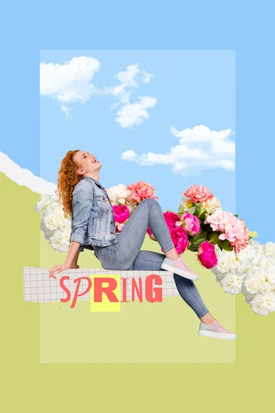 Creative Style Collage Picture Youth Girl Sitting Big Spring Word — Stock Photo, Image