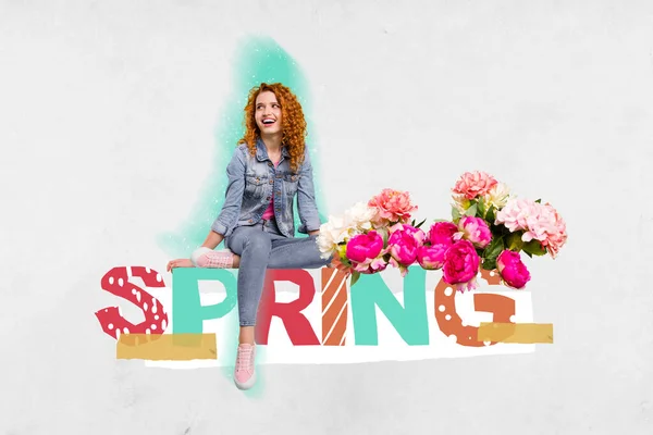 广告拼贴艺术图片年轻姑娘坐在鲜花间的春词上享受季节提供的购物狂 — 图库照片